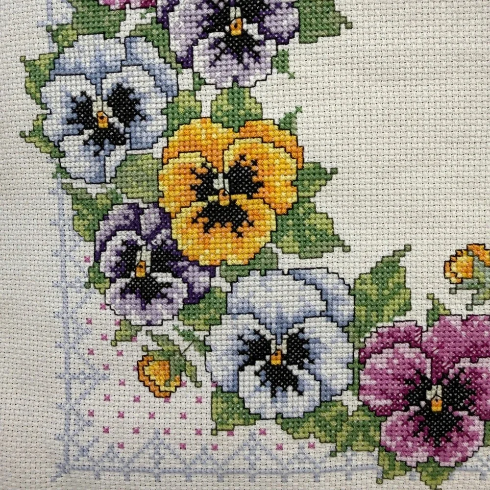 VTG Handmade Pansy Wreath Cross Stitch Ruffle Throw Pillow Floral Cottagecore